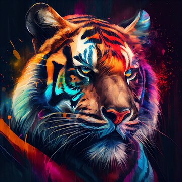 Colorful painting of a tiger in the style of Farid Rueda