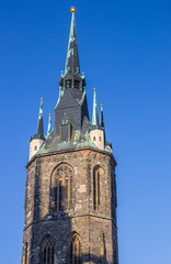 Historic red tower on the market square of Halle, Germany