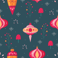 Fototapeta na wymiar Colorful christmas pattern with retro christmas tree decorations, mushrooms, snowflakes, winter berries