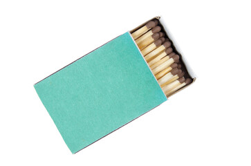 Close-up of a green matchbox isolated on white background with clipping path