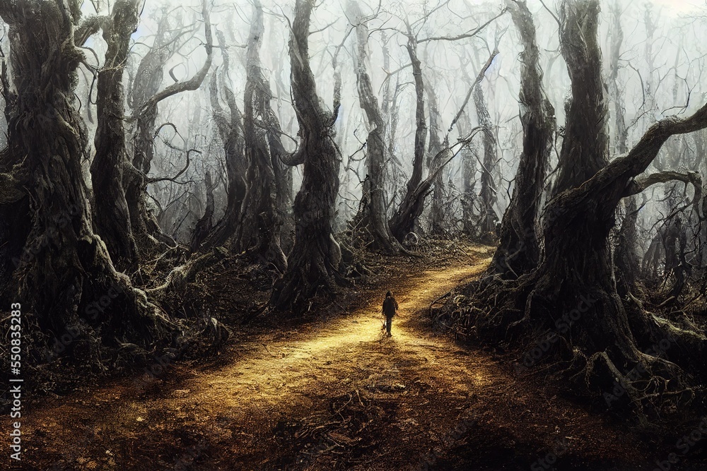 Poster man on dark forest path with twisted trees