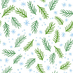 Christmas tree twigs seamless pattern with snowflakes and doodle branches,hand-drawn festive background for New Year holiday,drawing by ink,marker.Traditional decoration.Isolated.Vector illustration