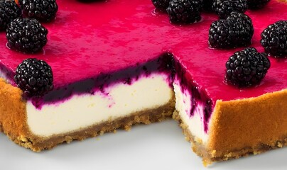 Closeup of delicious cheese cake with blackberries.