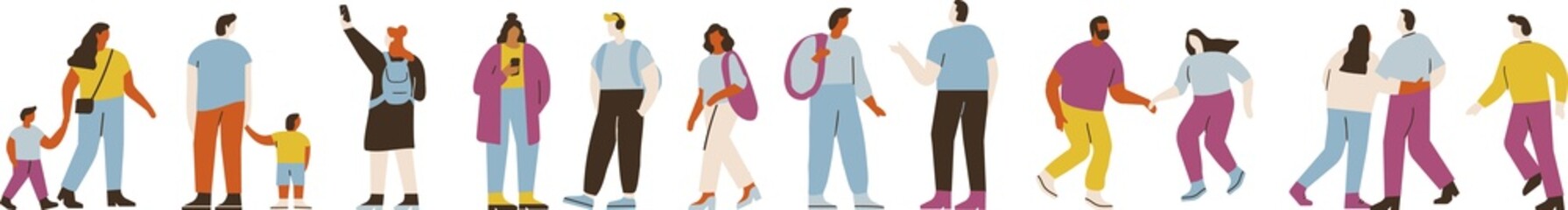 People silhouette horizontal banner. Men and women outdoor street flat characters 