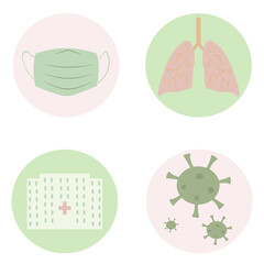 Set of covid symbols, seamless hospital, mask, lungs, bacteria virus