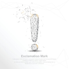 Exclamation mark shape line and composition digitally drawn low poly wire frame in the form of broken a part triangle and scattered dots.