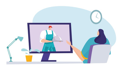 Online delivery delicious food, tiny character postman foodstuff platter, internet laptop order meal flat vector illustration, isolated on white.