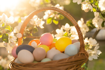 painted Easter eggs in basket on grass. Traditional decoration in sun light