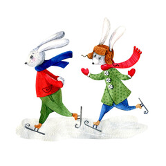 Cute cartoon bunnies are skating on ice. Watercolor illustration. Greeting card. - 550837660