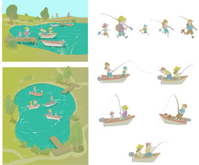Cartoon illustration png of scene of people fishing in boats on a lake.