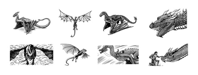 Naklejka premium Set of Dragon in Vintage style. Mythological animal or traditional reptile. Symbol for tattoo or label. Engraved hand drawn line art old monochrome sketch, ink. Vector illustration. 