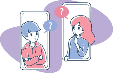 Man and woman thinking about something while chatting on mobile.