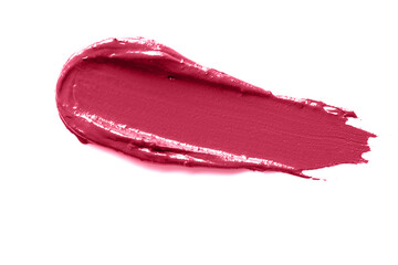 Magenta smudged lipstick swatch isolated on white background. Color trend year 2023.