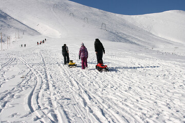 People are going for snow sleigh in ski resort, Falakro mountain, in the North of Greece