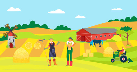 Obraz na płótnie Canvas Natural outdoor farm people character together care livestock animal, technique ranch farmer work domestic cattle flat vector illustration.