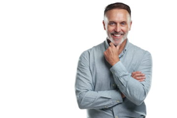 PNG studio portrait of a mature man looking thoughtful against a grey background