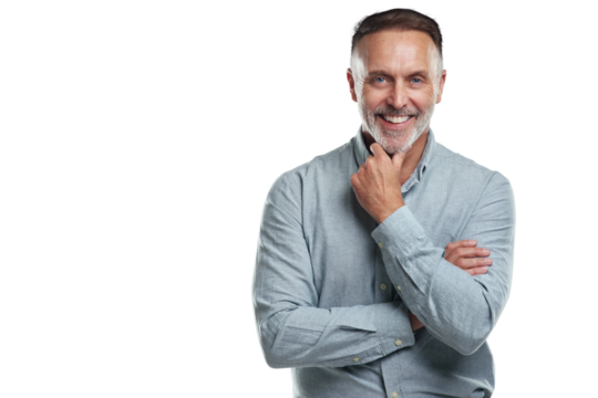 PNG studio portrait of a mature man looking thoughtful against a grey background