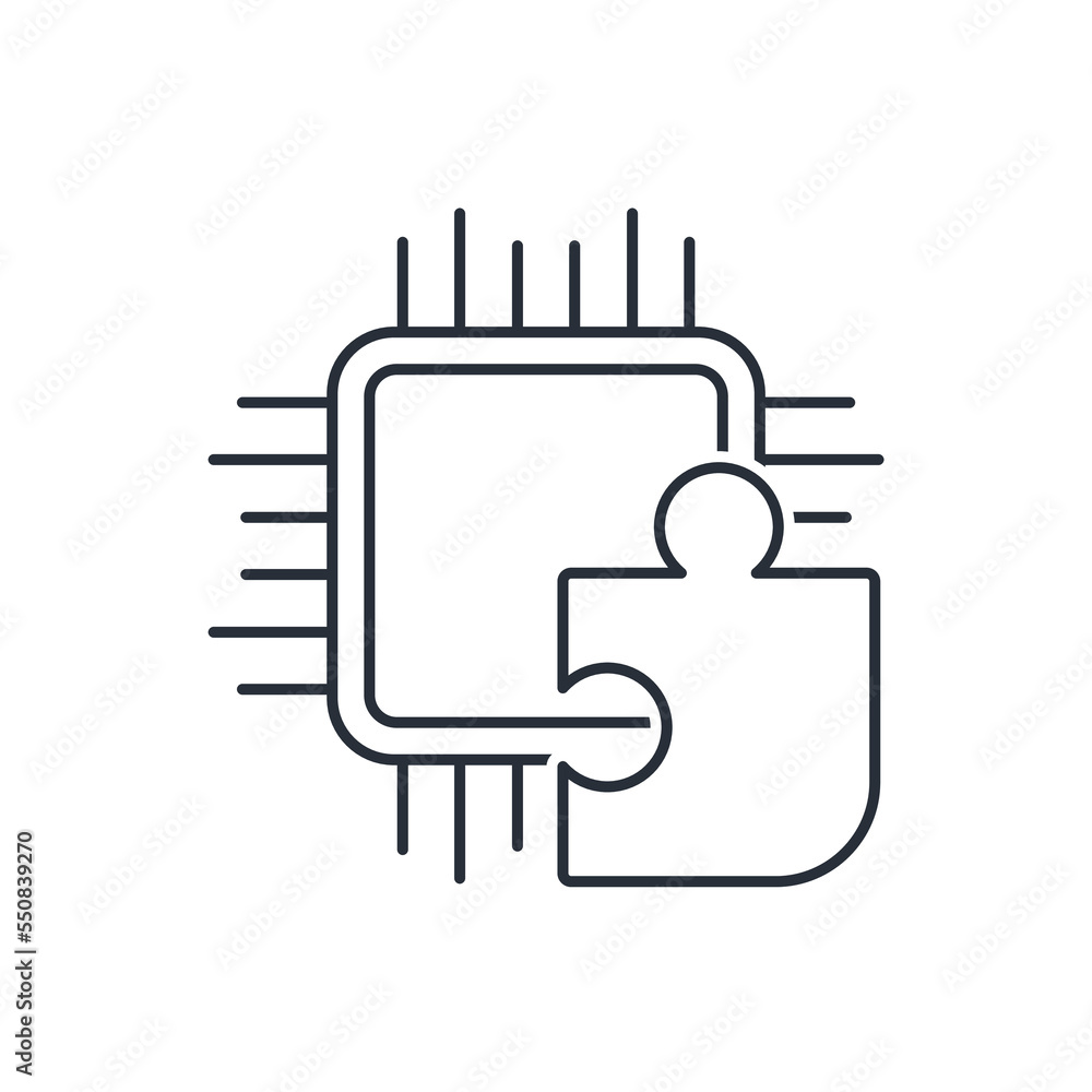 Poster electronic element and puzzle. vector linear icon isolated on white background.