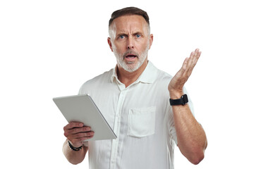 PNG studio portrait of a mature man looking confused while using a digital tablet against a grey...