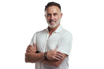 PNG studio portrait of a mature man looking thoughtful against a grey background