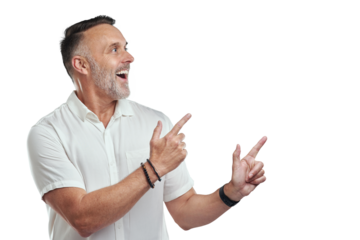 PNG studio shot of a mature man pointing to copyspace against a grey background