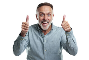 PNG studio portrait of a mature man showing thumbs up against a grey background