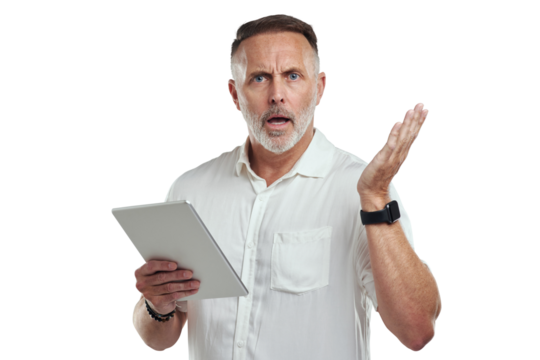 PNG studio portrait of a mature man looking confused while using a digital tablet against a grey background - Powered by Adobe