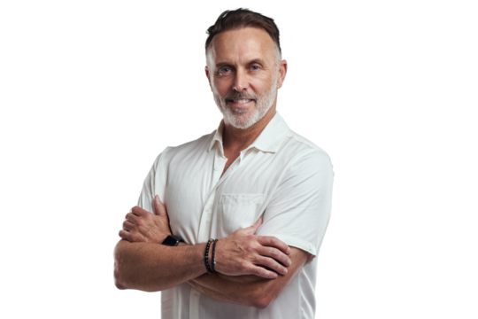 PNG studio portrait of a mature man looking thoughtful against a grey background