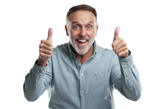 PNG studio portrait of a mature man showing thumbs up against a grey background