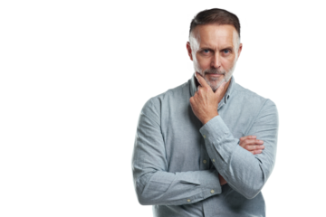 PNG studio portrait of a mature man looking thoughtful against a grey background