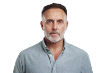 PNG studio portrait of a mature man standing against a grey background