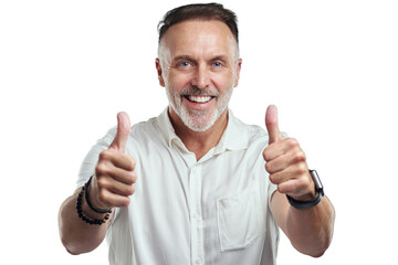 PNG studio portrait of a mature man showing thumbs up against a grey background