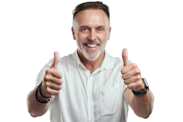 PNG studio portrait of a mature man showing thumbs up against a grey background