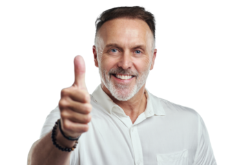 PNG studio portrait of a mature man showing thumbs up against a grey background