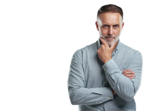 PNG studio portrait of a mature man looking thoughtful against a grey background