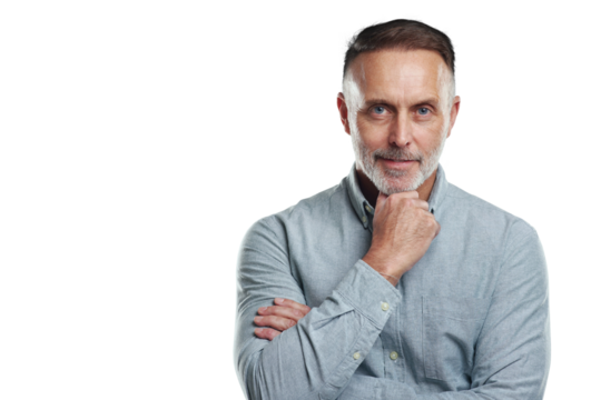 PNG studio portrait of a mature man looking thoughtful against a grey background
