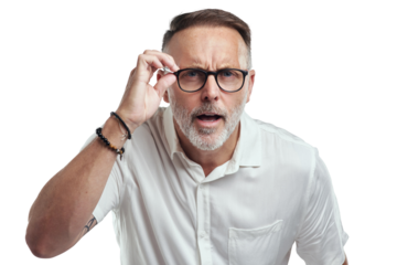 PNG studio portrait of a mature man wearing spectacles and looking confused against a grey background