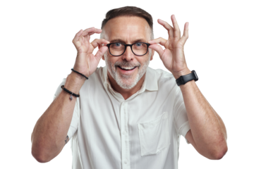PNG studio portrait of a mature man wearing spectacles against a grey background