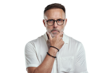 PNG studio portrait of a mature man looking thoughtful against a grey background