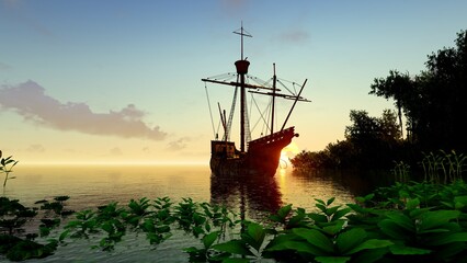 Deserted island and a Spanish ship in its bay © MICHAEL KUK