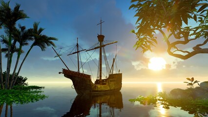 Wooden vintage ship in the bay of the island © MICHAEL KUK