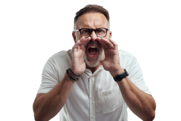 PNG studio portrait of a mature man yelling against a grey background