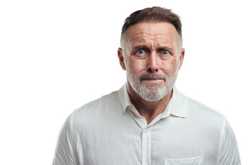 PNG studio portrait of a mature man looking scared against a grey background