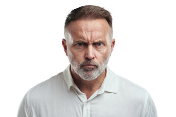 PNG studio portrait of a mature man looking angry against a grey background