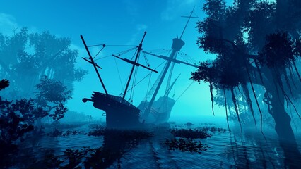 Spanish ship wrecked off a tropical island © MICHAEL KUK