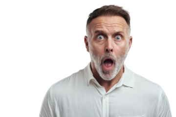 PNG studio portrait of a mature man looking surprised against a grey background