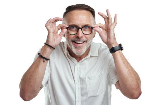 PNG studio portrait of a mature man wearing spectacles against a grey background