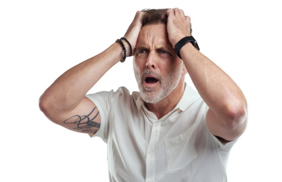PNG studio shot of a mature man looking disappointed against a grey background