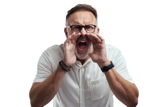 PNG studio portrait of a mature man yelling against a grey background