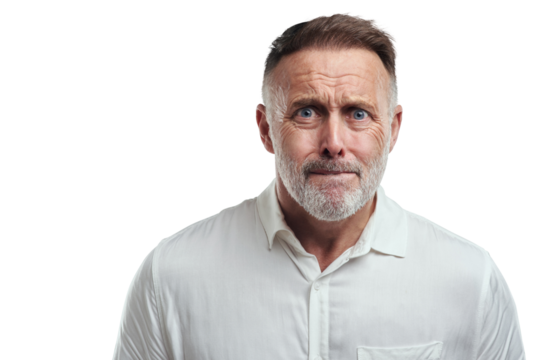 PNG studio portrait of a mature man looking scared against a grey background